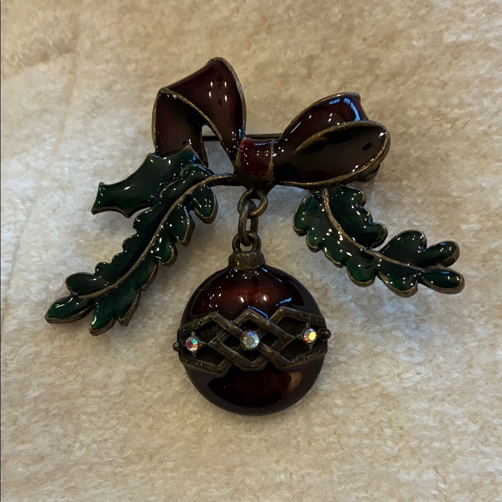 Talbots Burgandy Bow and Ornament with Greenery Brooch